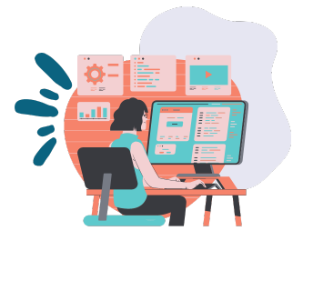 Picture of an animated woman performing website optimization at a desk. This practice requires technical savvy, design knowledge and analytical abilities.